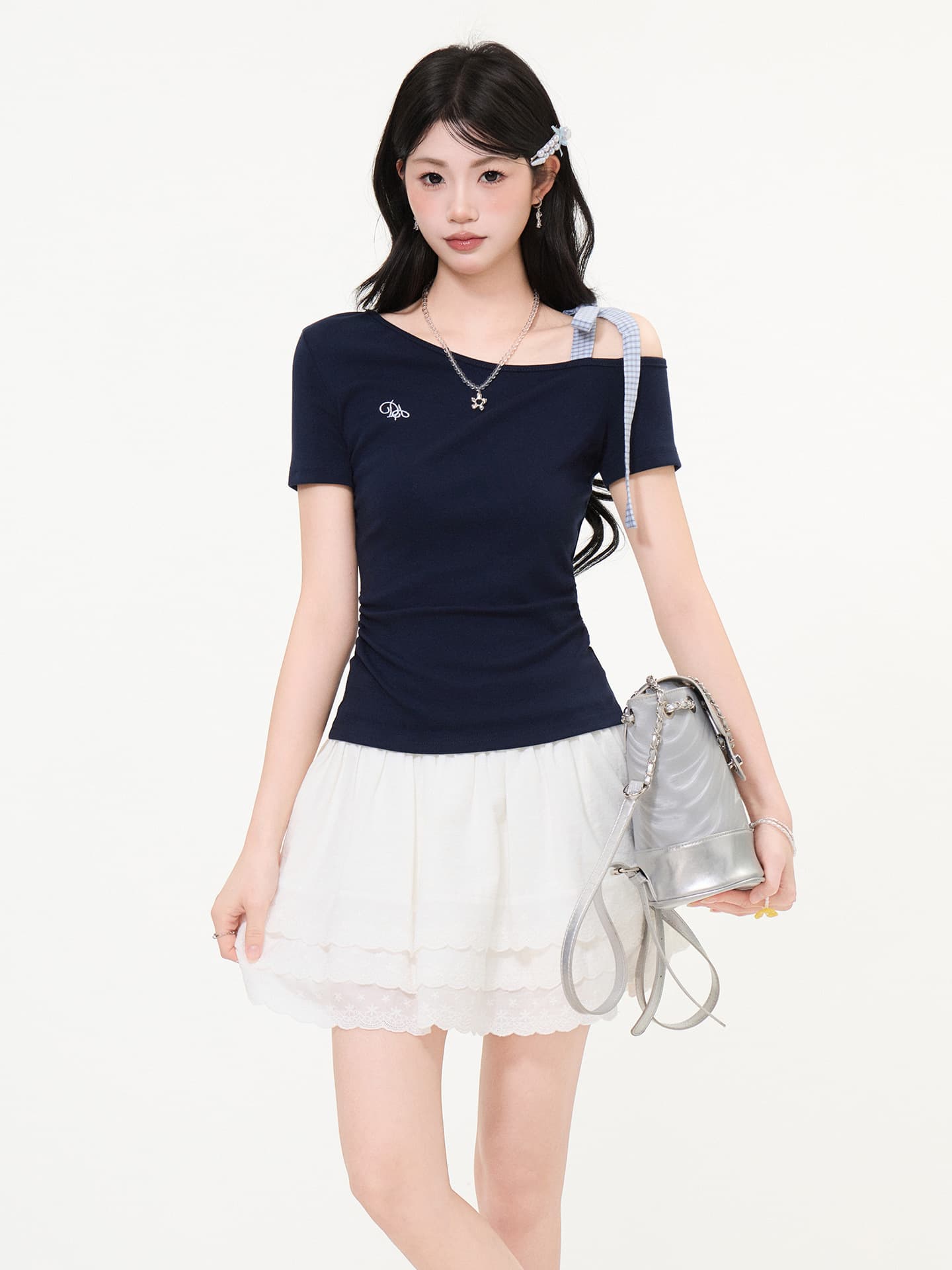 Hot Girls Cross Shoulder Shoulder Embroidered Navy Blue Short Sleeve T-shirt Women 2026 Summer New Folded Slim Fit Sexy Tops