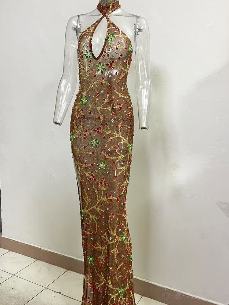 2026 Vintage Diamond Hanging Neck Slim Long Dress European And American Evening Dress Stage Performance Dress