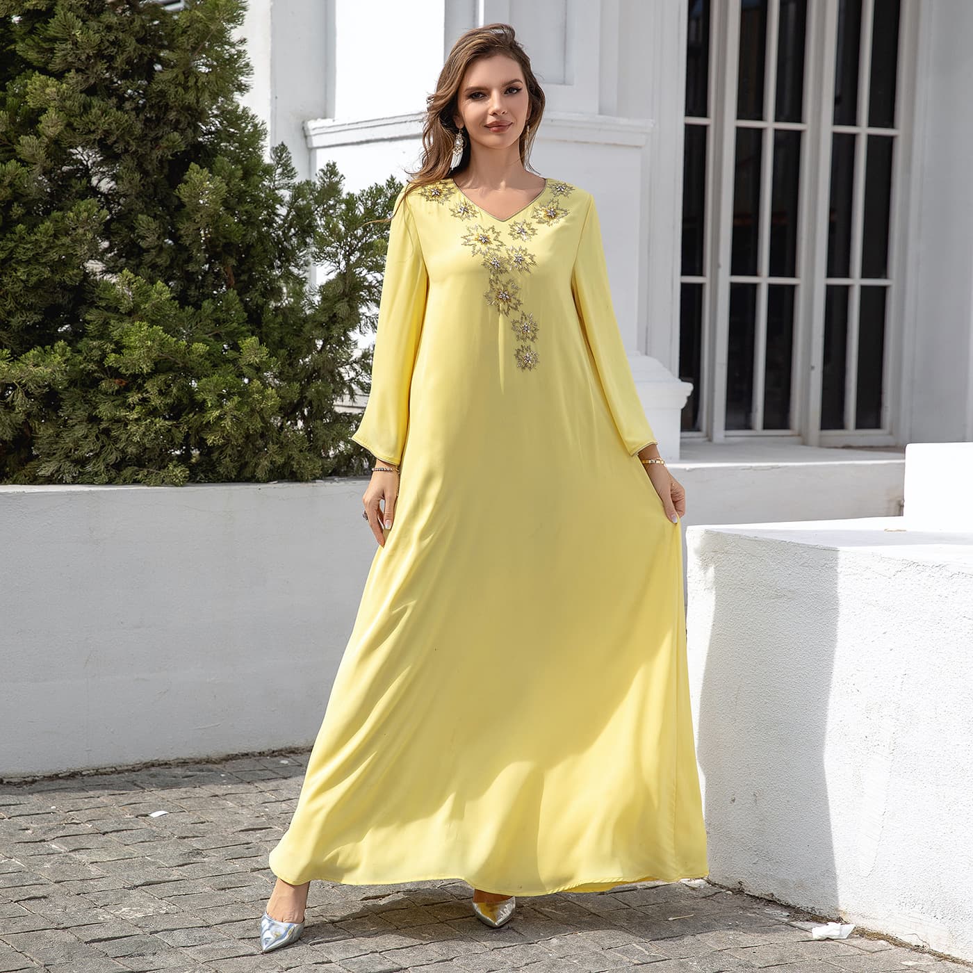 Oem Customized Cross-border Foreign Trade Yellow Printed Dress Factory Customized Clothing Women's Evening Dress