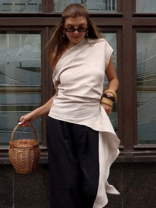 European And American Cross-border Cotton Linen Slim Cross Shoulder Irregular T-shirt Women 2026 Summer Elegance Pure Lustre Shoulder Top