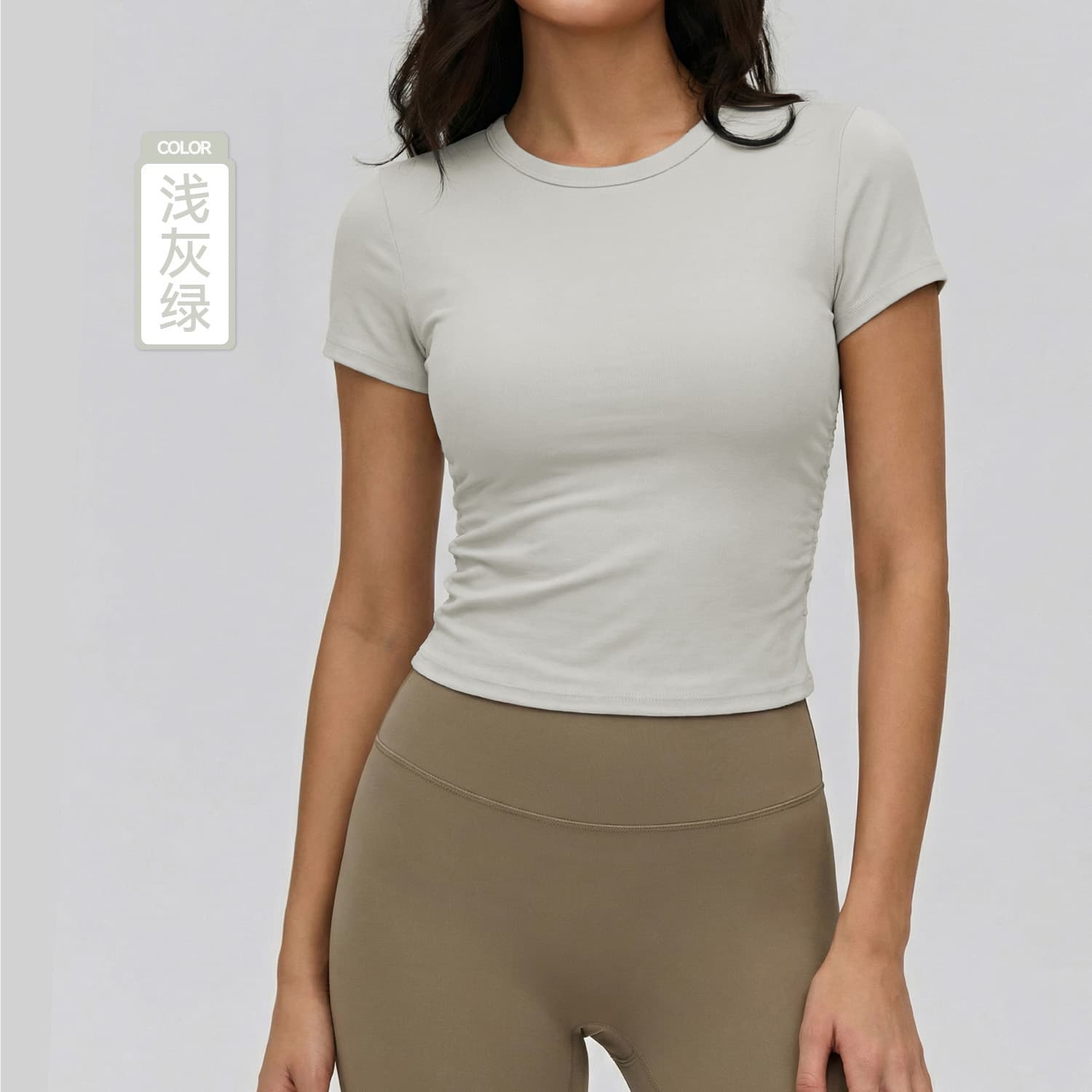 Spring Summer High End Crew Neck Yoga Short Sleeve Women Bilateral Wrinkle Slim Fitness Clothing Nude Tight Exterior Wear Sports T-shirt
