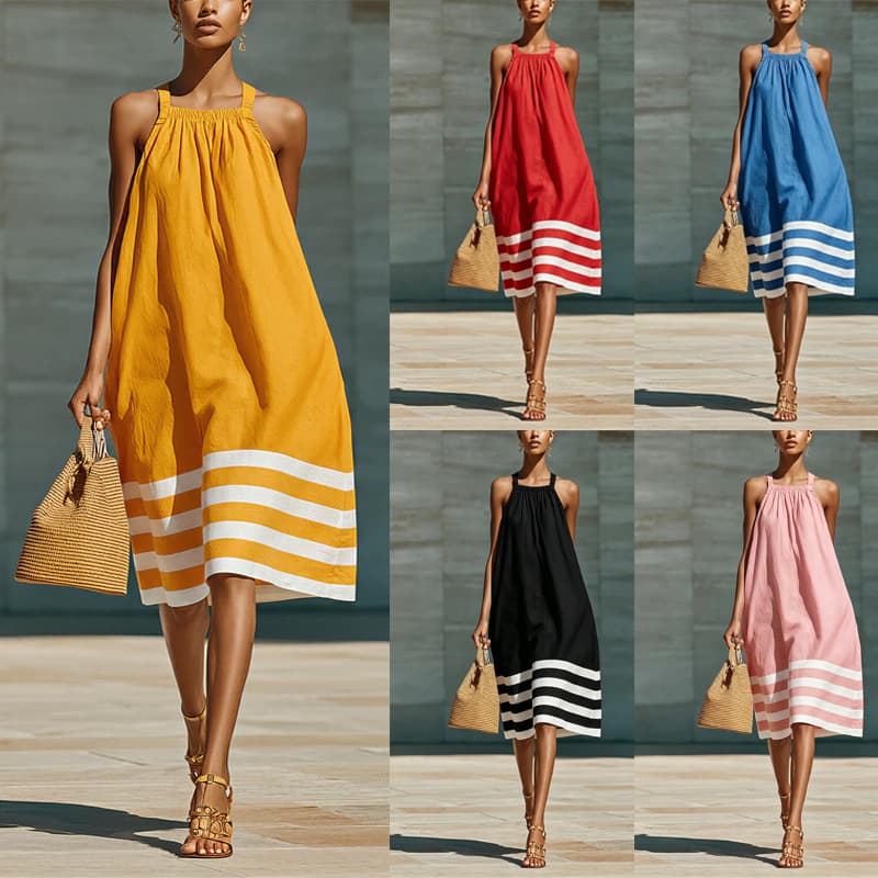 2026 New European And American Cross-border Women White Striped Mid-length Dress Loose Casual Off Shoulder Summer Vest Dress
