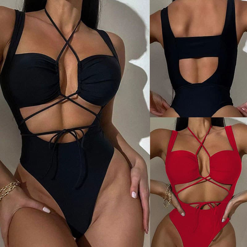 Women's Bikini New European And American Hot Sexy One-piece Swimsuit Women Lace Up Open Back Lace Up Bikini