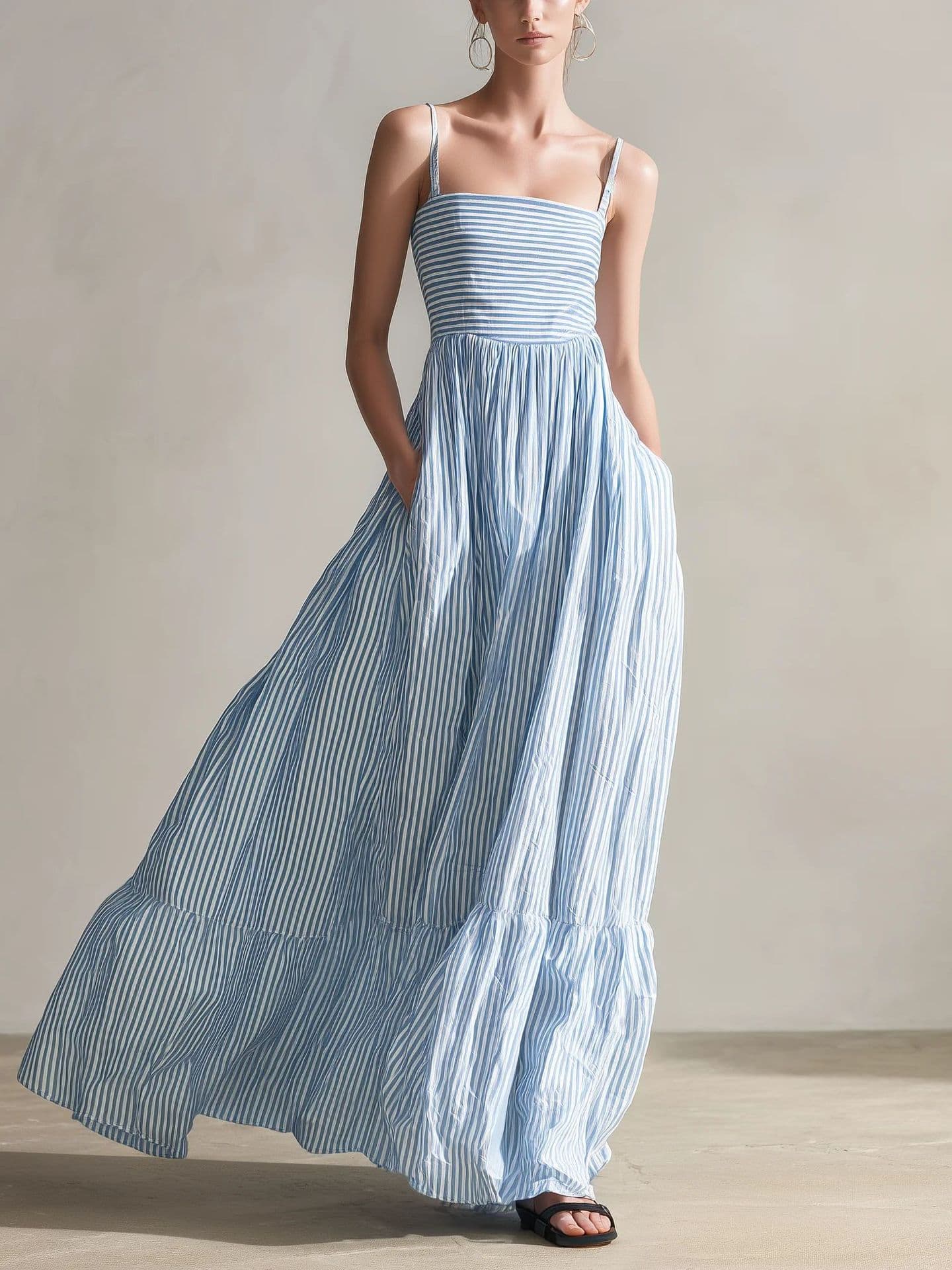 New 2026 Cross-border Independent Station European And American Women Casual Striped Woven Sleeveless Thin Shoulder Strap Long Dress