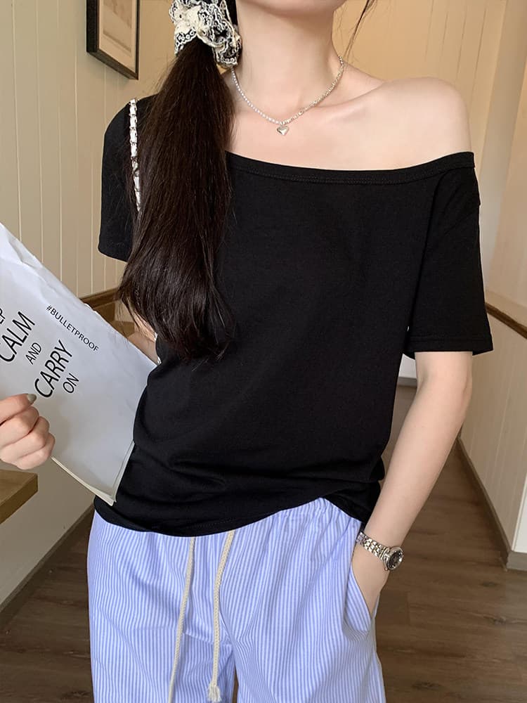 Off-the-shoulder Thin White Cross Shoulder Short Sleeve T-shirt Women Summer 2026 New Lazy Loose Feeling Stunning Off-the-shoulder Top