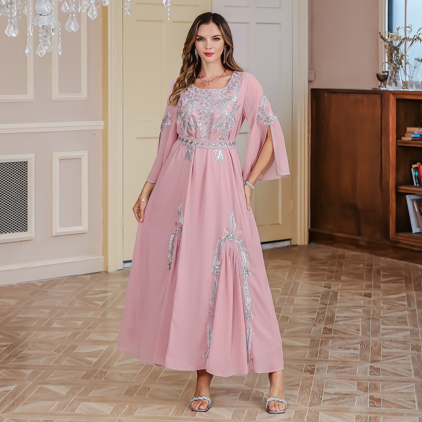 Oem Customized Elegant Fashion Long Dress Belt Long Sleeve Crewneck Embroidered Dress Elegant Fashion Women's Dress