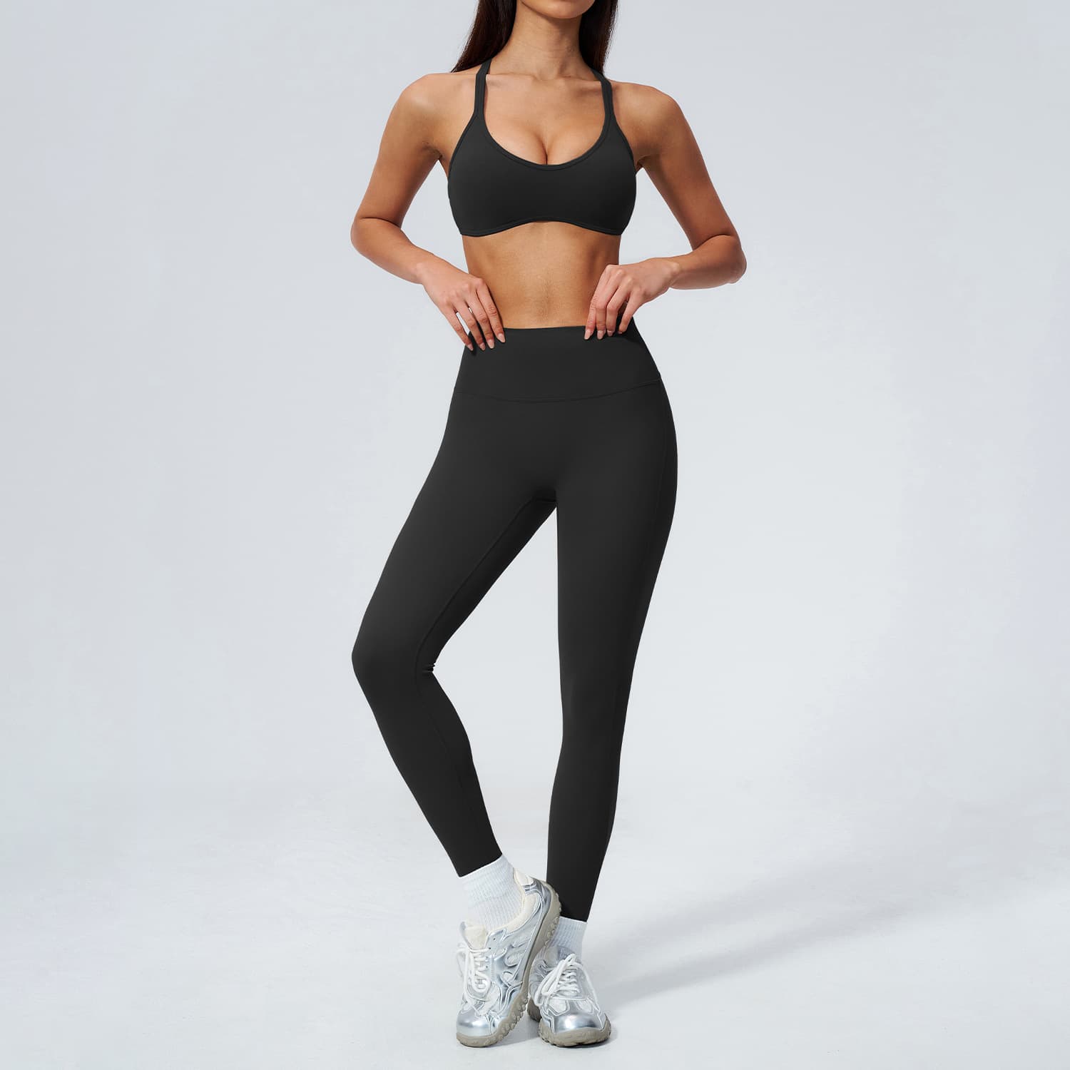 Summer New Stitching V-neck Beauty Back Yoga Suit Outdoor Sports High Waist Peach Hip Fitness Set 5560