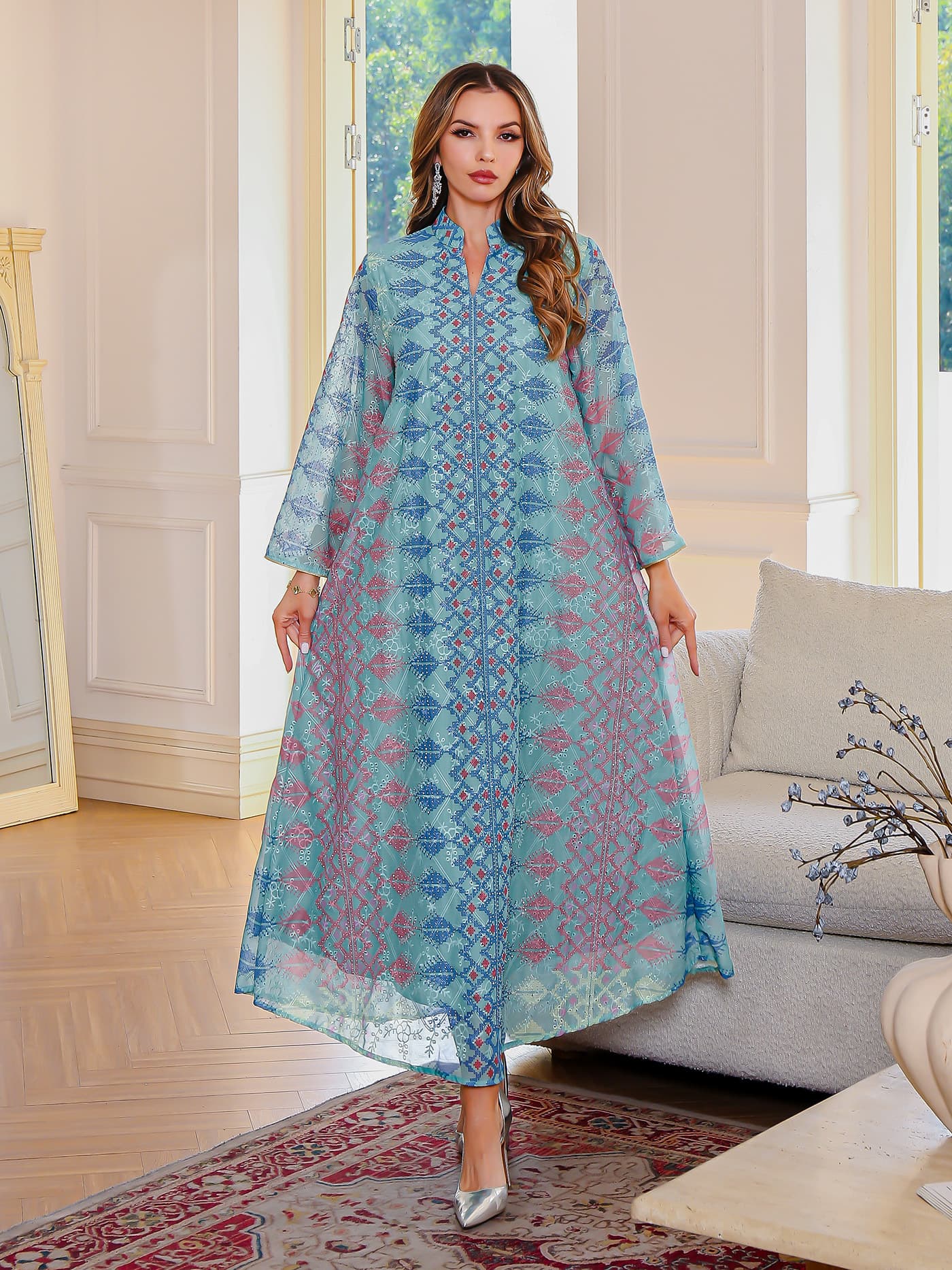 Spot Cross-border Summer Breathable Mixed Color Long Dress Loose Festive Dress Women's Print Hot-drilled Sweater Skirt