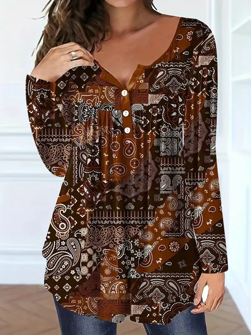 European And American New Cross-border Large Size Paisley Pattern Elegant Loose Button V-neck Top Ladies T-shirt