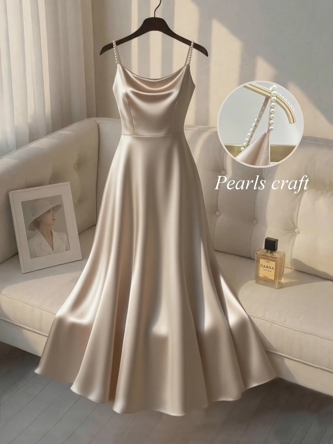 European And American New Cross-border Solid Elegance Elegant Dress Strap Hand Beaded Waist Satin Gold Patterned Dress Women