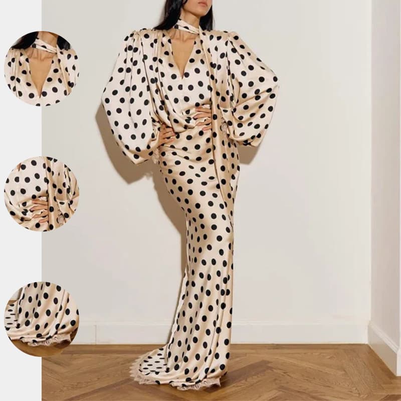 2026 Spring New Women's Foreign Trade Wish European And American Dress Vintage Polka Dot Bubble Sleeve Waist Long Dress