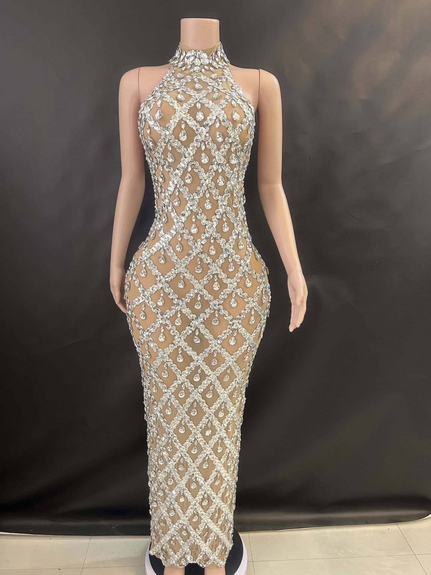 Spot Shiny Rhinestone Turtleneck Sleeveless Sexy Mesh See-through Plaid Cocktail Dress Skeleton Nightclub