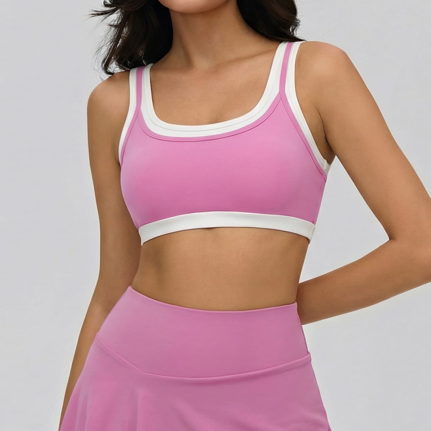 Cross Border Sport Bra Women Detachable Chest Pad Nude Contrast Fake Two Piece Yoga Underwear Pilates Fitness Top