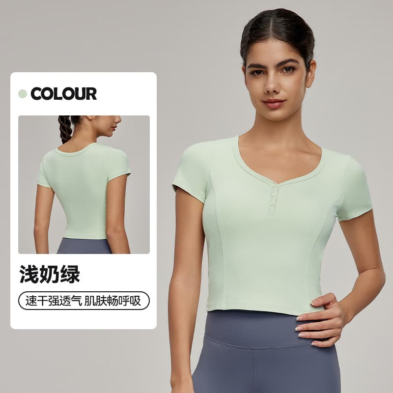 Women's New Casual Sports Tops Waist Slimming Fitness Tops Sexy Yoga Clothes Short Sleeves With Chest Pad Not Running Cup