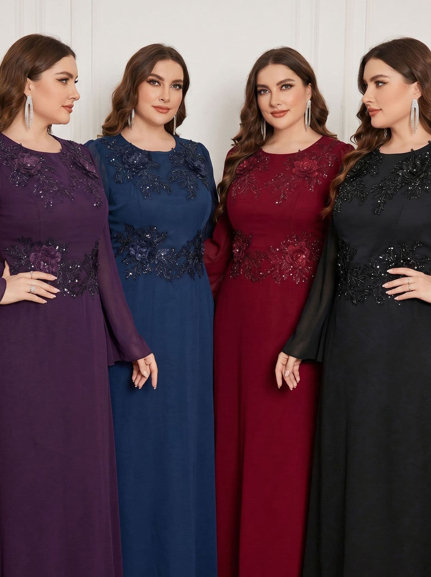 Large Size Elegant Sequined Bridesmaid Dress Foreign Trade Dress Elegant Evening Dress Round Neck Beaded Embroidery P5003