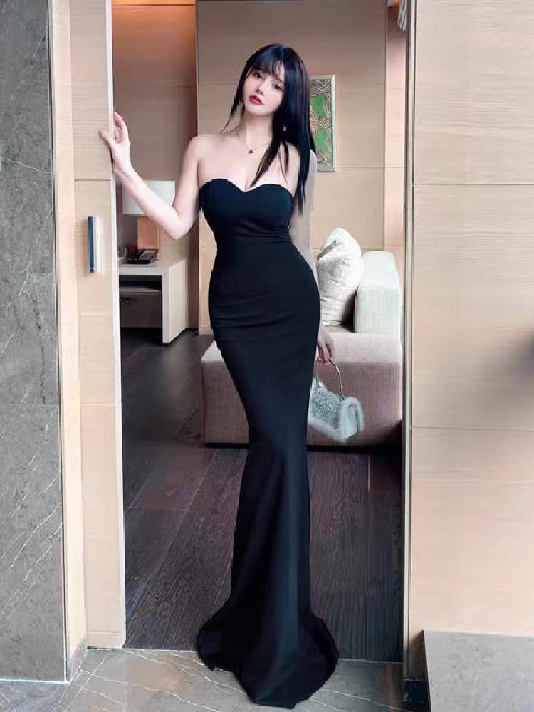 Nightclub Women's Luxury Black Evening Dress Slim Slim Host Strap Dress Elegant Sexy Long Dress