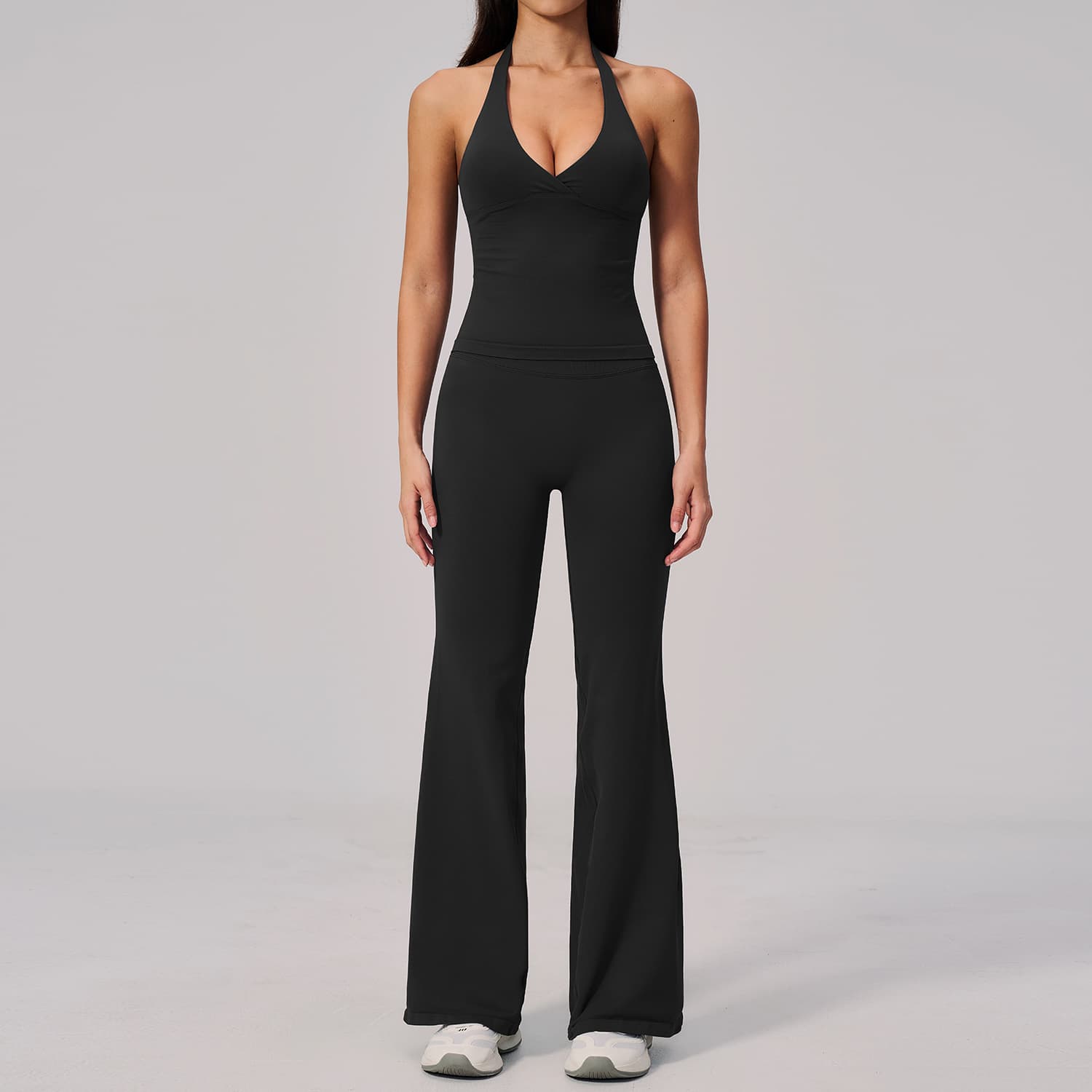 New V-neck Yoga Clothing Set For Women Hanging Neck Slim Fit Back Vertical Threaded Exercise Yoga Clothes 2557