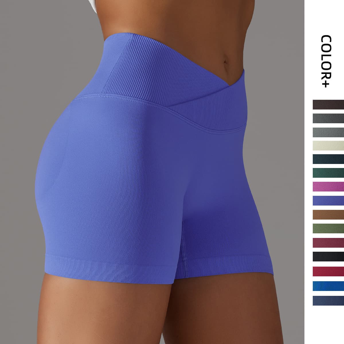 Cross-border European And American Seamless Knit Breathable Solid Color Cross Waist Peach Hip Yoga Shorts Running Fitness Three-point Pants Women