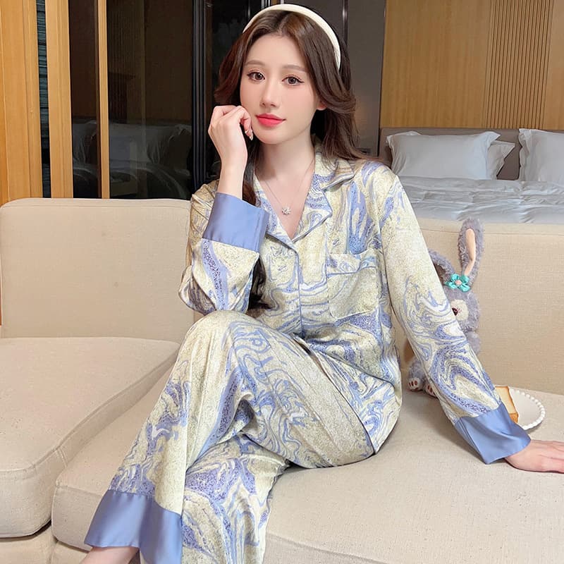 Pajamas Wholesale New Home Furnishes Premium Feel Splice Silk Long Sleeve Pants Set