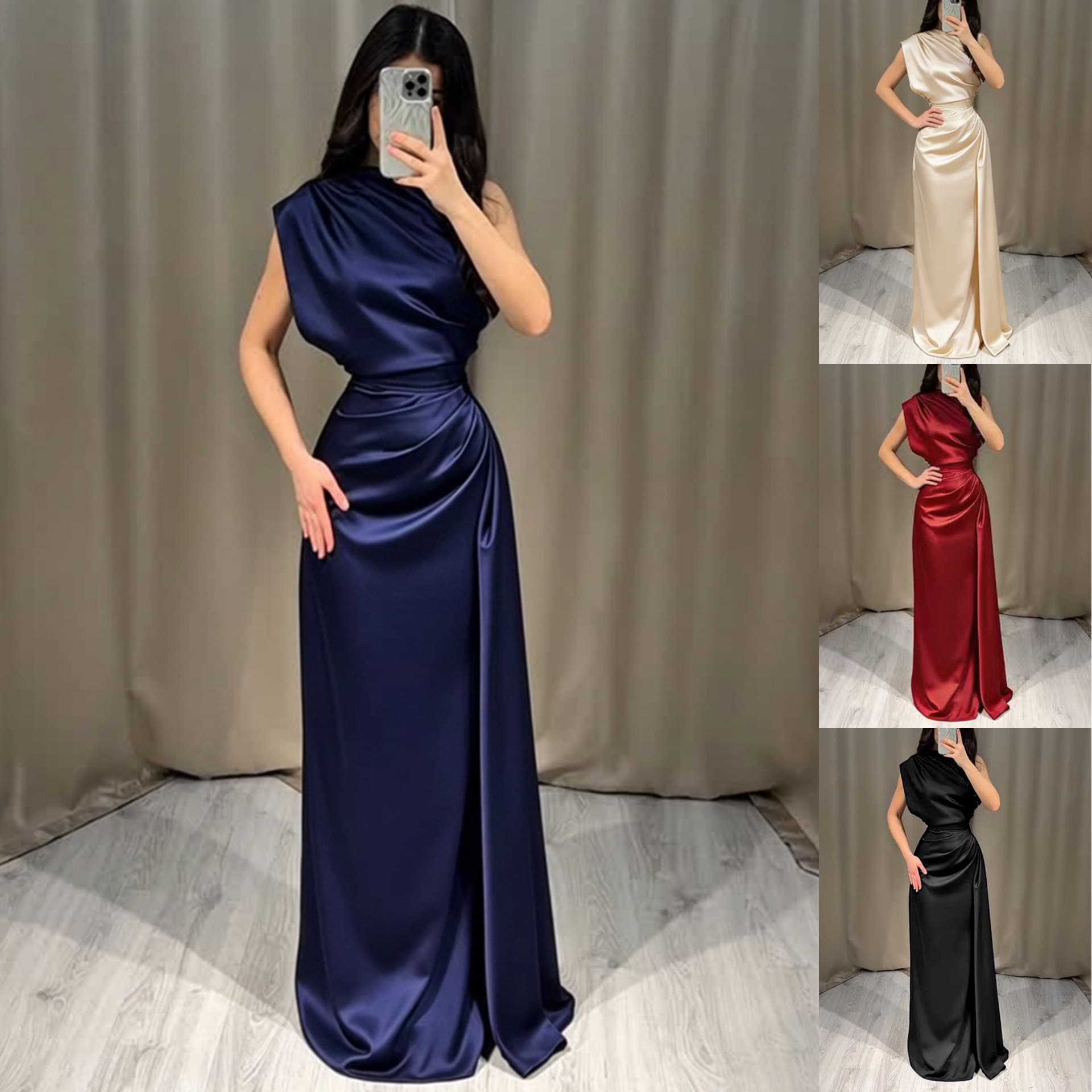 2026 Amazon Independent Station Cross-border New Satin Crewneck Dress Waist Folded Long Elegant Dress