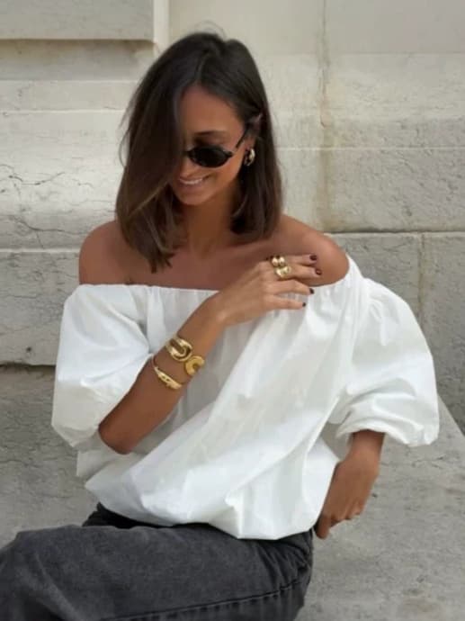 Simple Commute White Off Shoulder Bubble Sleeve Top Women 2026 Summer Cross-border Fashion Loose Cotton Pullover Shirt