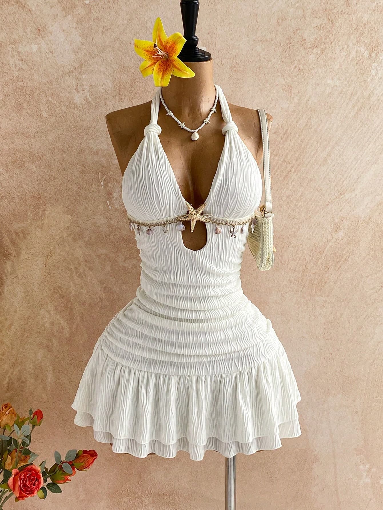 New Ins Elegant Solid Vacation Hanging Neck Open Back Waist Strap Slim Sexy Skirt Dress Women