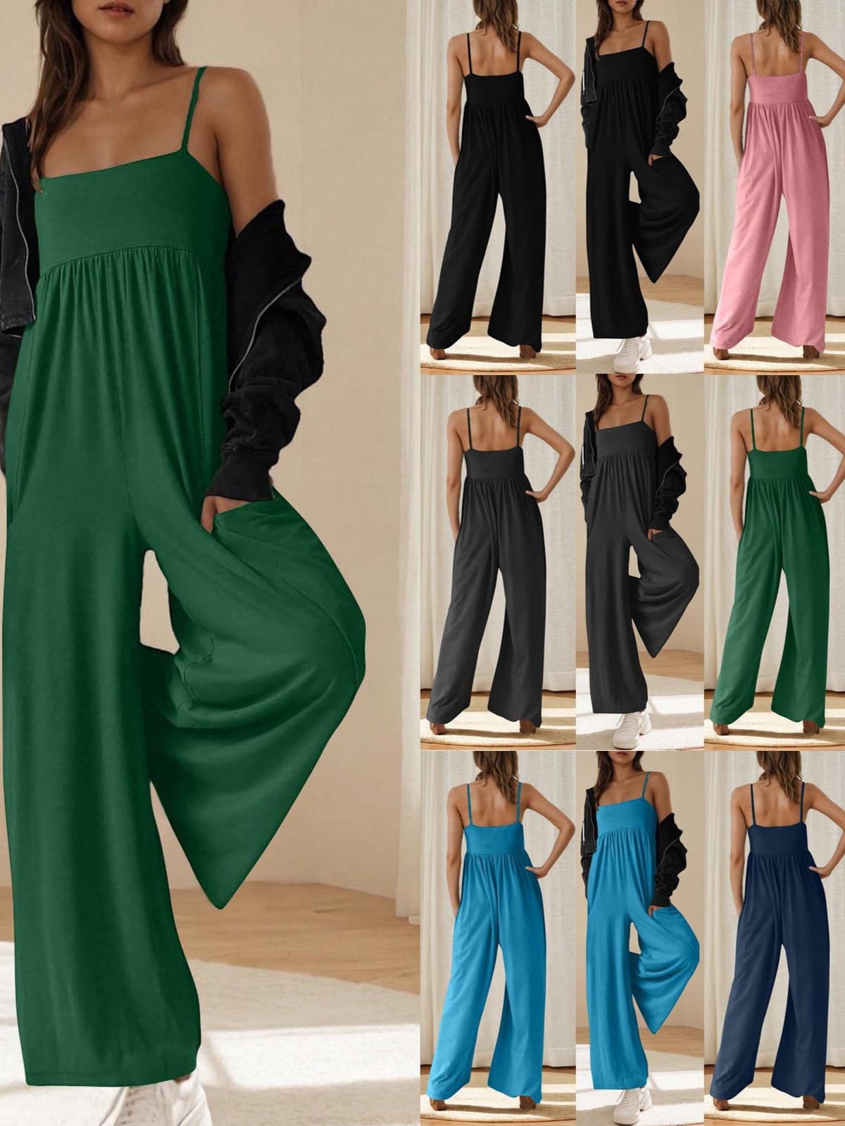 Summer 2025 European And American Cross-border Amazon Women's Casual Strap Sleeveless Square Collar Slim Pullover Wide Leg Jumpsuit