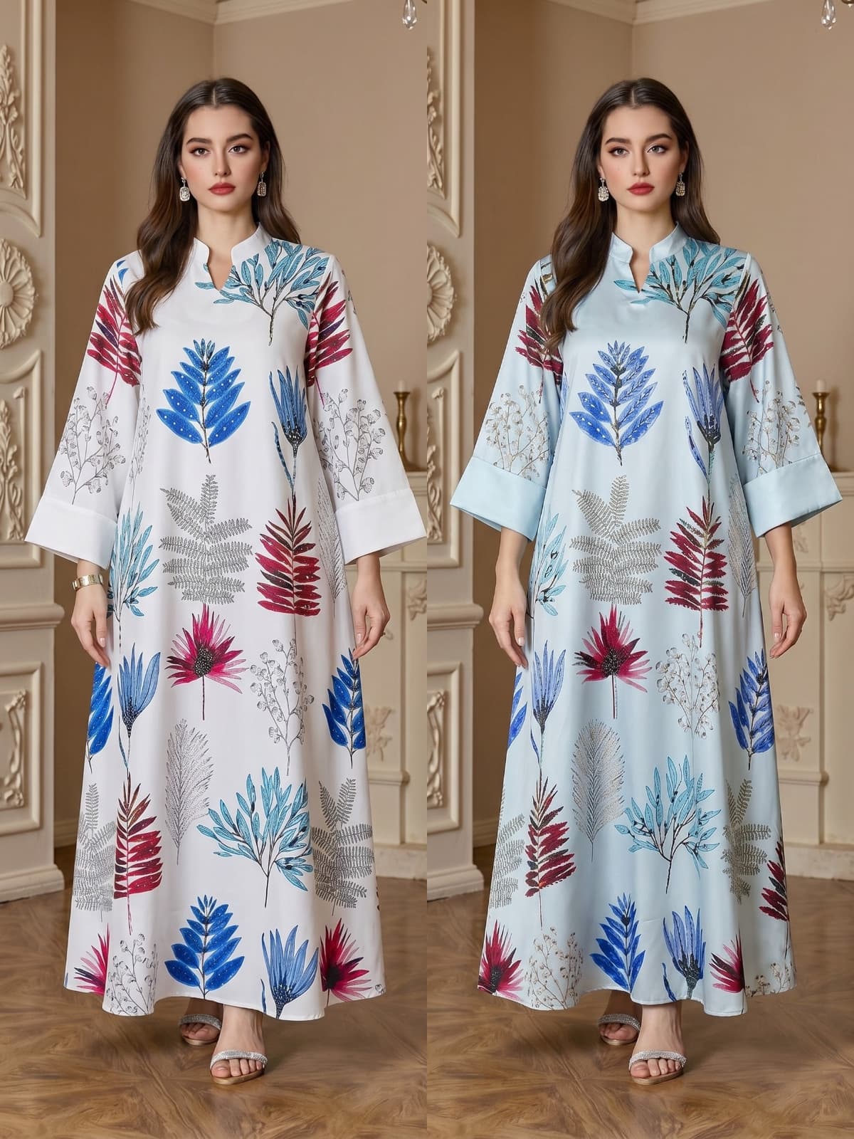 Cross-border Tk Explosive Spot Four-sided Bullet Print Hot-drilled Robe Factory Wholesale Long Dress Malaysian Clothing Robe