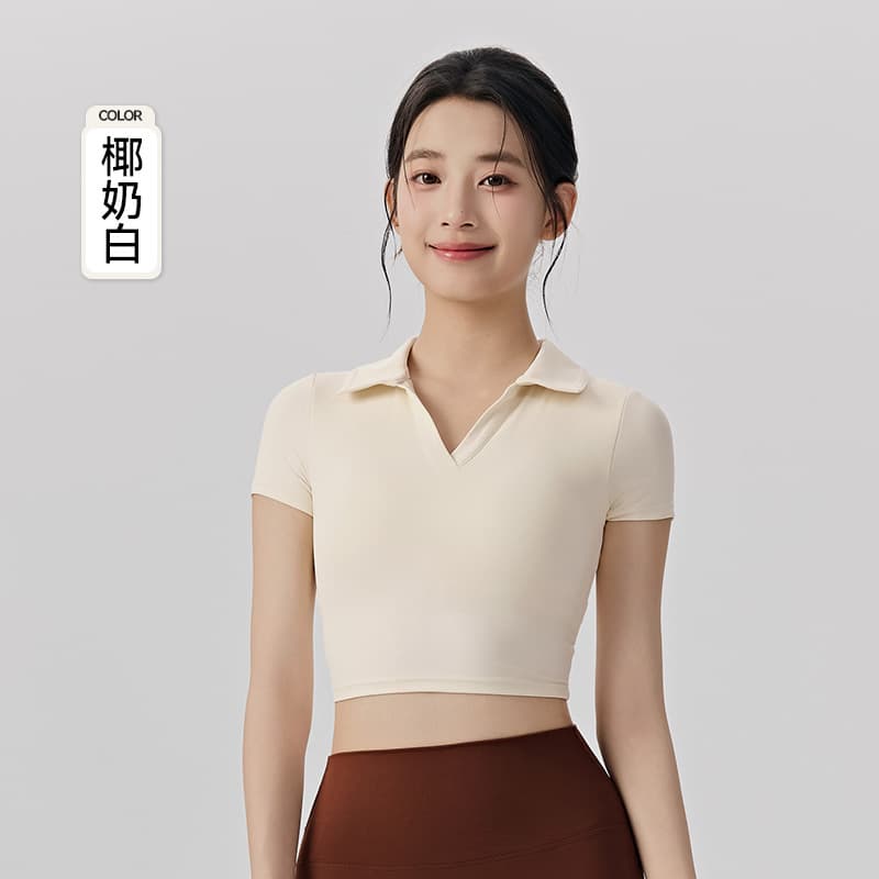 Spring Summer Polo Lapel Yoga Short Sleeve Women With Chest Pad One Piece Pure Lust Style Sexy Exposed Navel Short Sport T-shirt