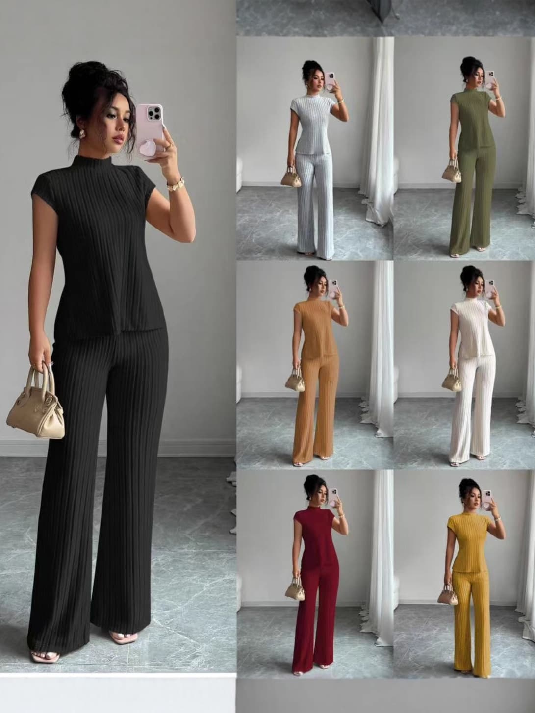 2025 European And American New Cross-border Amazon Women Casual Solid Color Short Sleeve Top T-shirt Pit Strip Casual Pants Set