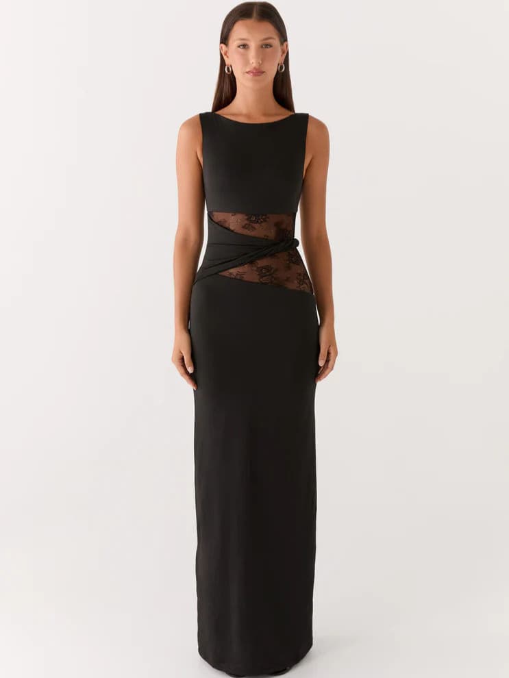 European And American Style Sleeveless Lace Stitching Hollow Waist Exquisite Dress Elegant Waist Long Dress Dress