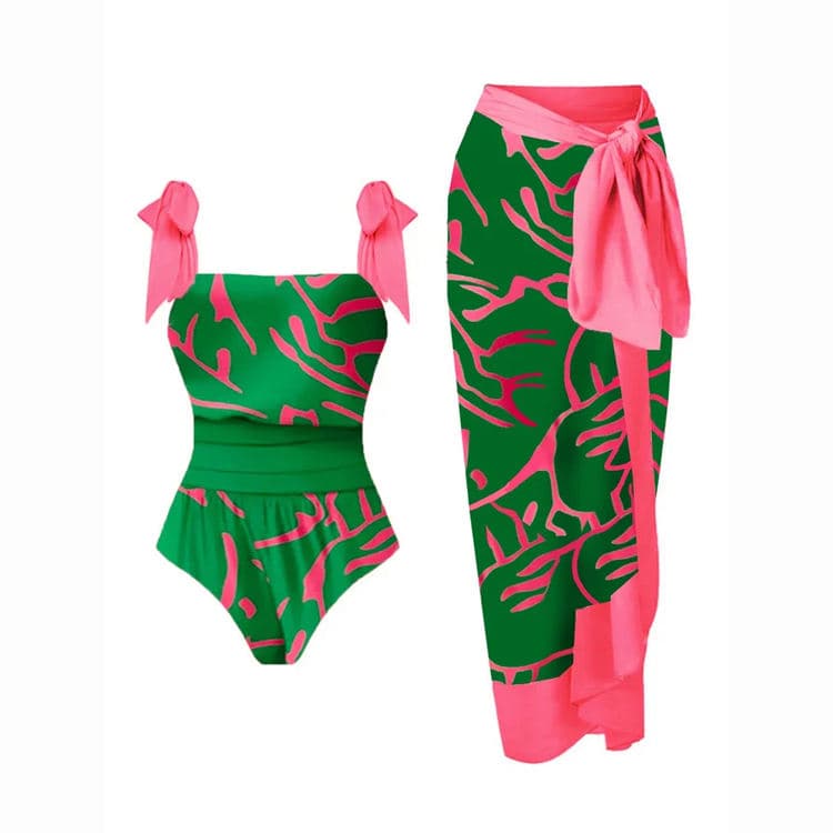 Retro Belly Covering Slimming Backless Floral Print One Piece Sarong Bikini Swimsuit