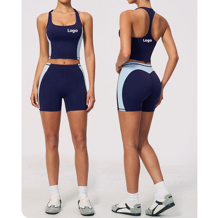 Nude Feel Quick Dry Fitness Gymwear Block Color Tank Top and Shorts 2 Piece Yoga Set
