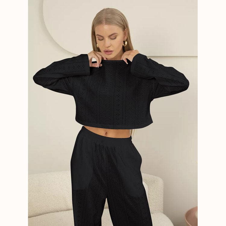 Hollow Women Suit Wholesale Long Sleeved Waist Baring Top Custom logo Elastic Trousers Factory Directly