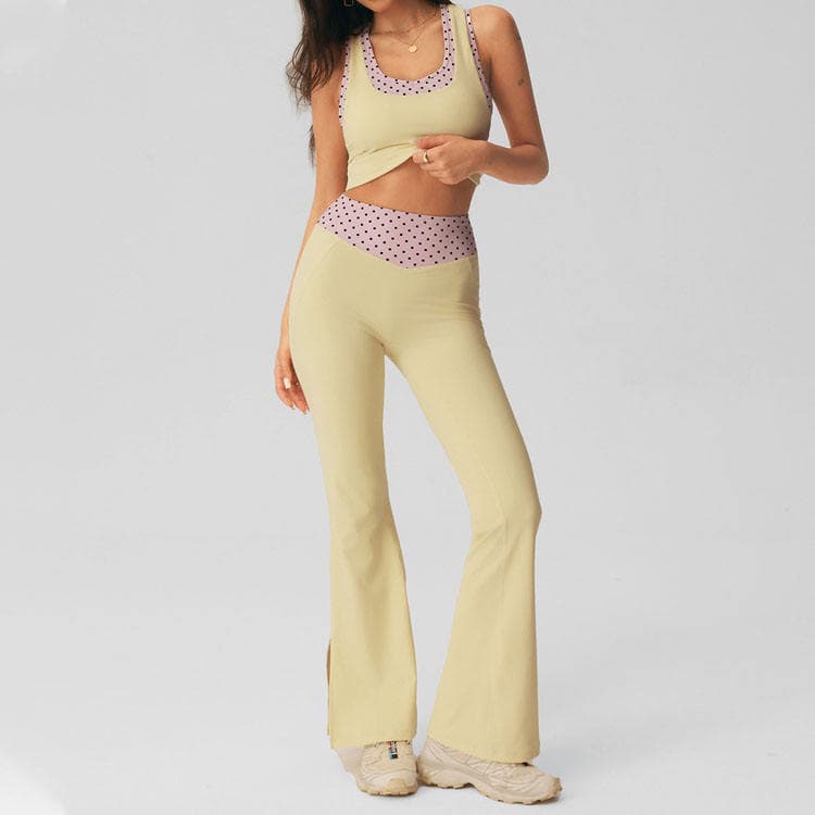 Nylon Spandex Pilates Workout Set Color Block Top and Flared Pants 2 in 1 Polka Dots Yoga Fitness Set.
