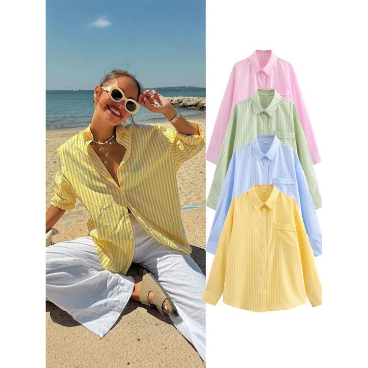 New Summer Long Sleeve Women Sun-Protective Shirt French Style Striped Shirt Turn-Down Collar Loose Fitting Casual Shirt