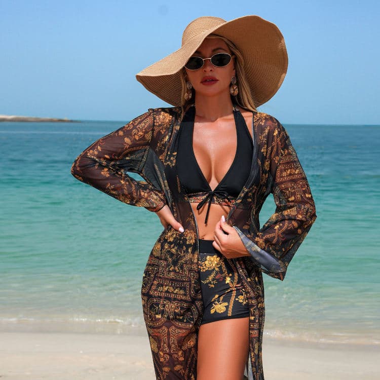 New Fashionable Brief-Style Swimwear Sexy Three-Piece Bikini Set Retro Print Swimsuit for Women