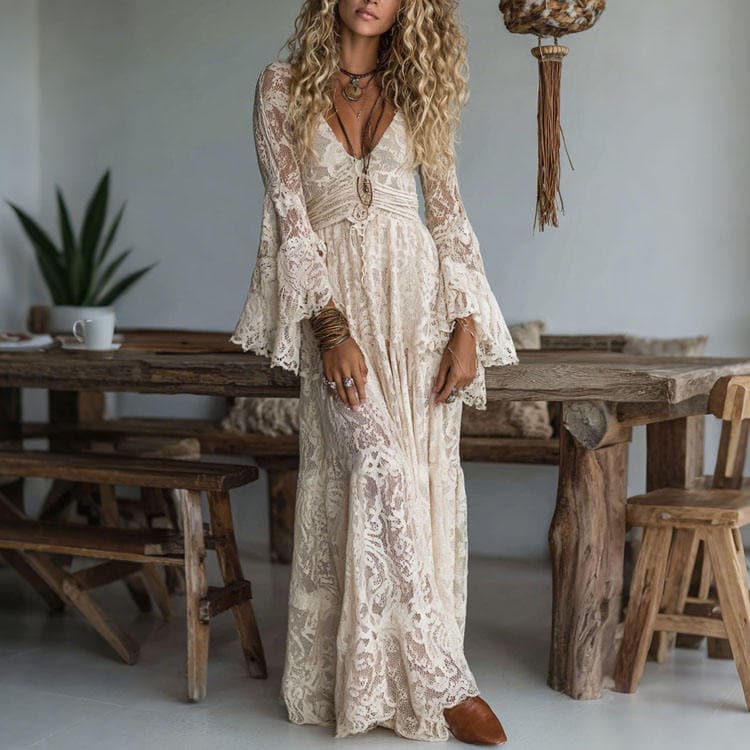 Wenshuo V Neck Lace Dress Wholesale Ruffled Maxi Dress Custom logo Long Sleeve Dress Factory Directly