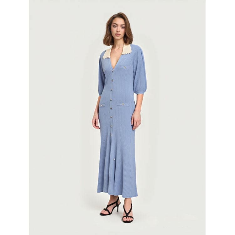 Wenshuo 2026 New Color Block Lapel Short Sleeve Knit Dress Elegant Slim Fit Maxi Dress Wholesale Women Knit Dress