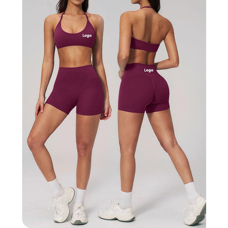 Private Label Workout Set Halter Bra and High Waist Shorts Breathable Quick Dry 2 Piece Yoga Set