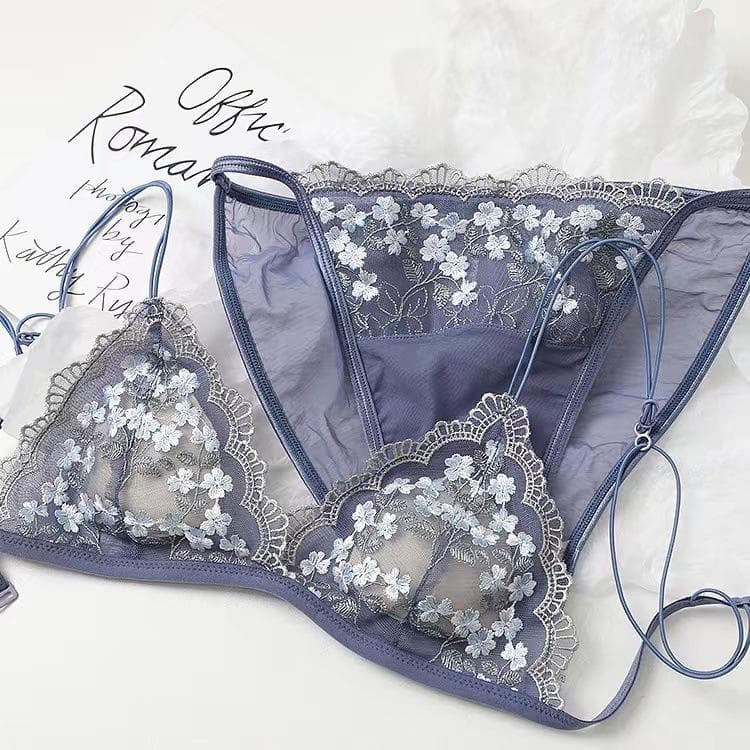 Women Sexy Underwear Custom logo Flower Sexy Embroidery comfort Bra Lace Underwear Two Piece Set