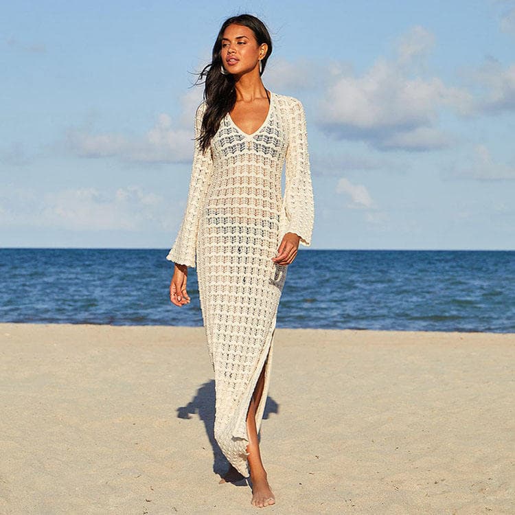 2024 New Sexy Knitted Hollow Sunscreen Cover Ups Beach Bikini Swimsuit Backless Long Dress
