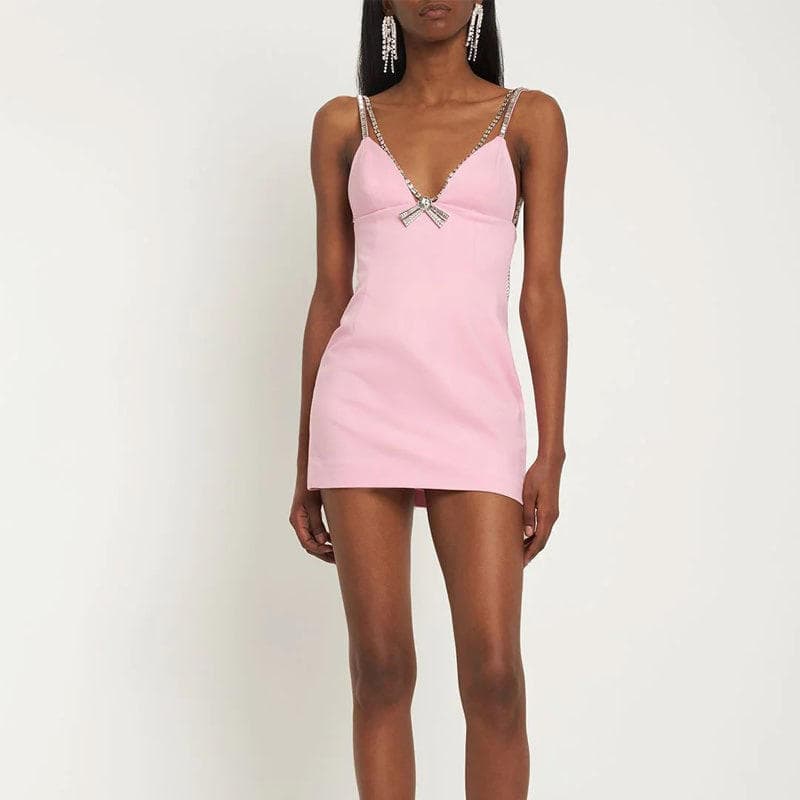 2023 Fashion Short Dress Backless Halter Bow Skirt v Neck Sexy Chain Crystal Skirt Ladies Evening Party Dress