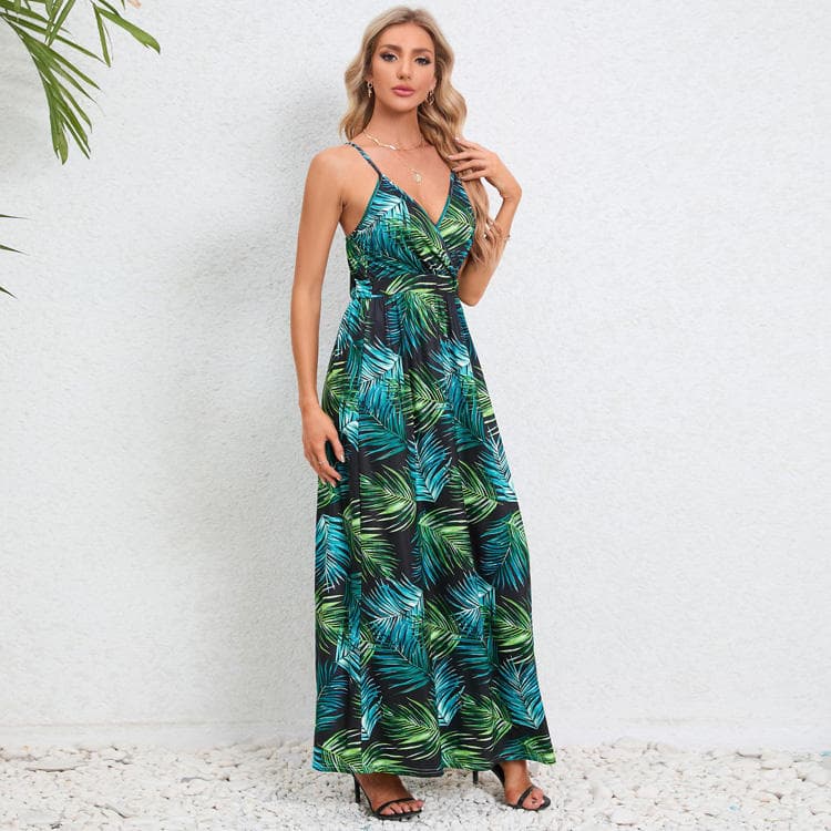 Women Ins 2024 Summer New Style Backless Cami Maxi Dress Sexy Floral Print Beach Long Dress