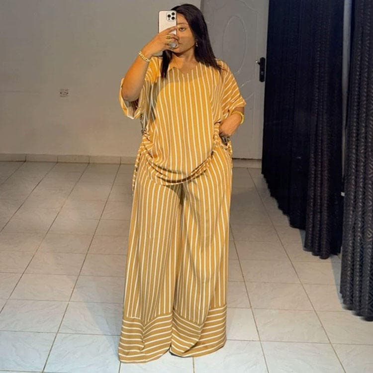 Wenshuo Striped Short Sleeve Top Wholesale Casual Loose Trousers Custom logo Oversize Women Set Factory Directly