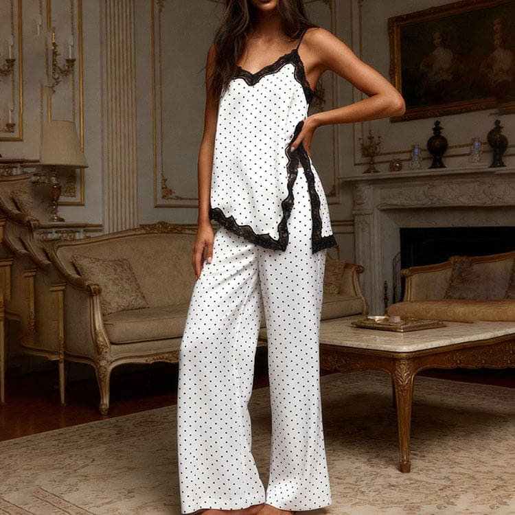 Wenshuo Casual Polka Dot Loungewear Wholesale Lace Camisole Sleepwear Custom logo Stylish Satin Sleepwear Factory Directly