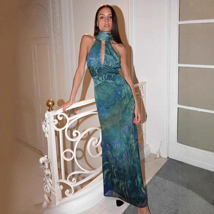 Wenshuo Fashion Elegant Halter Neck Backless Long Dress Tie Dye Women Holiday Dress Sexy Deep V Women Dress
