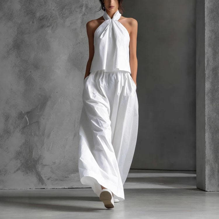 Wenshuo Halter Sleeveless Top Wholesale Loose Casual Trousers Custom logo Simple Workwear Set Factory Directly