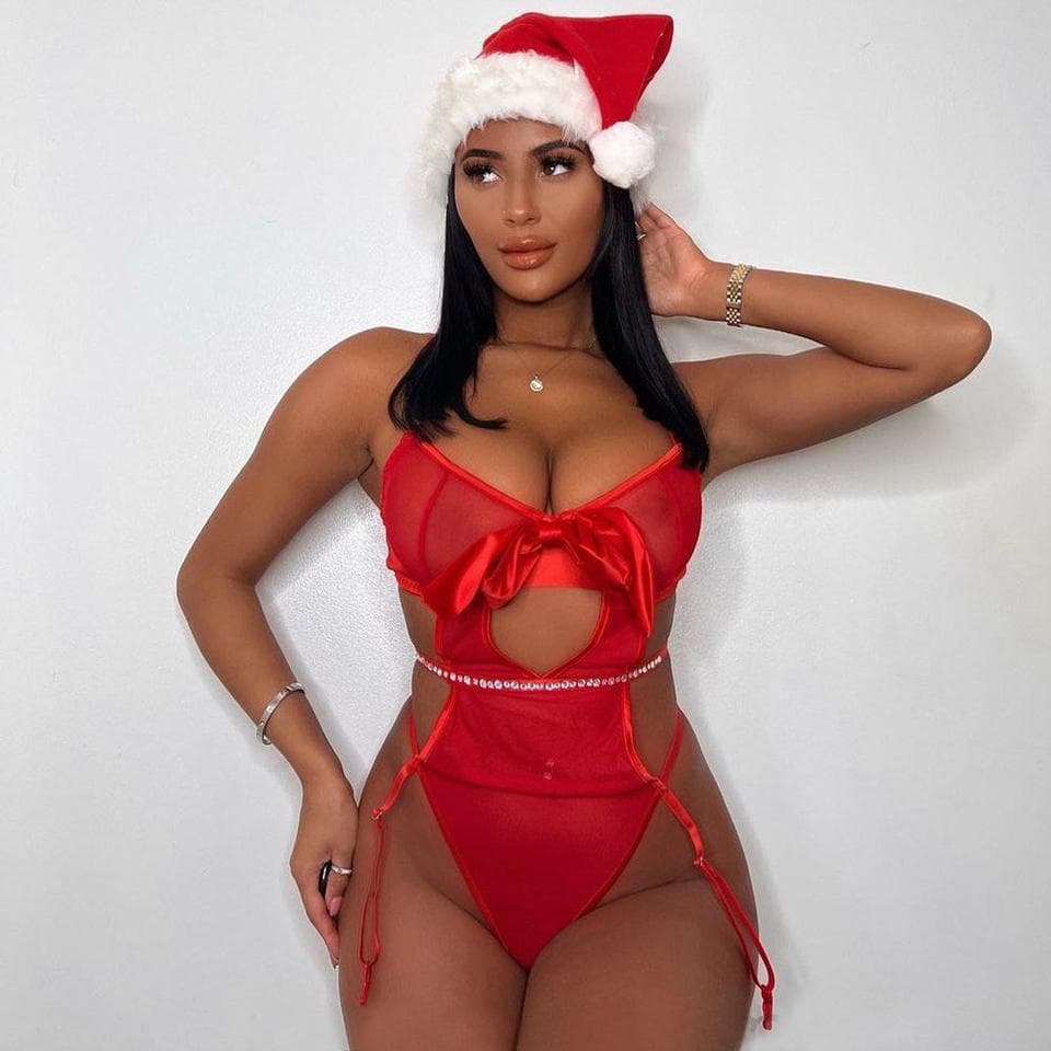 Christmas Women Sexy Bodysuit Red Bow Rhinestones Sexy Underwear Wholesale See Through Sexy Lingerie