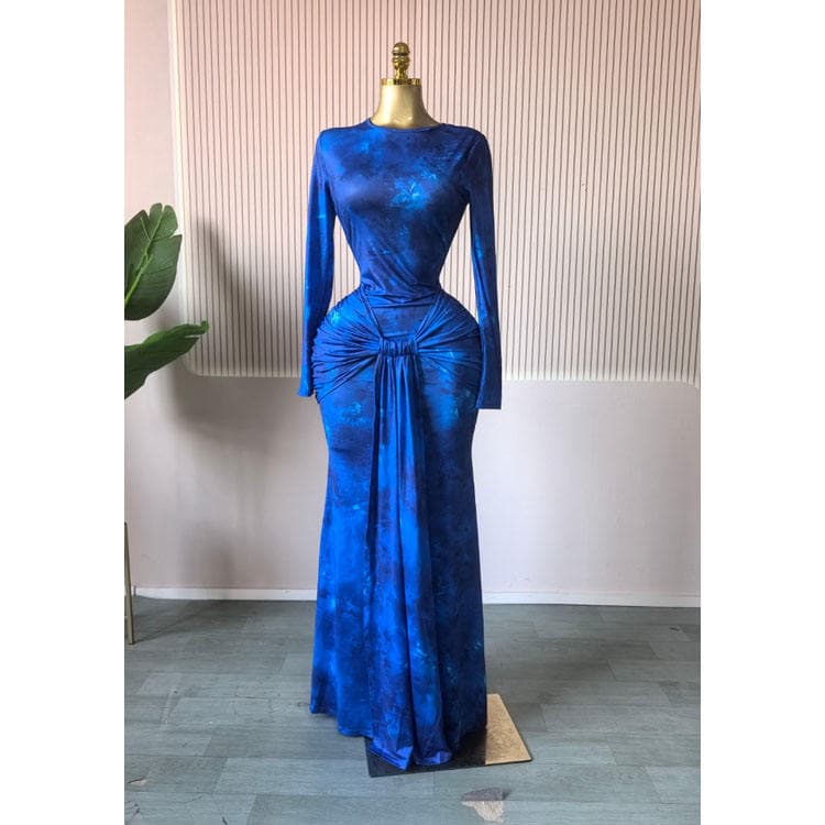 Wenshuo Ribbon Fitted Maxi Dress Wholesale Retro Print Dress Custom logo Long Sleeve Dress Factory Directly
